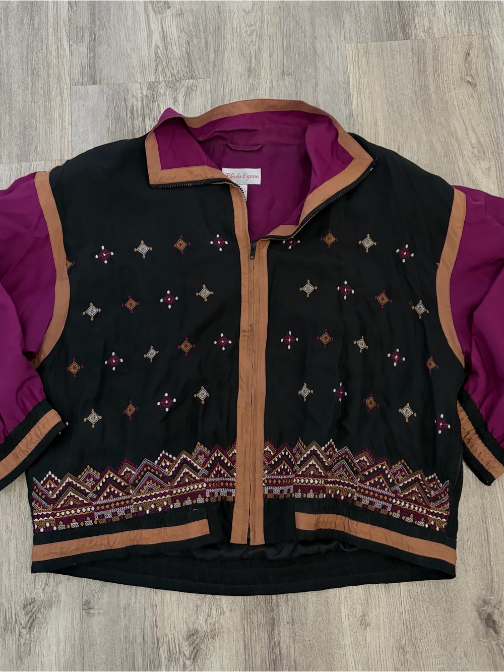Vintage 80s 90s Rhoda Lynne Silk Jacket Womens XL Windbreaker Boho Retro Aztec
